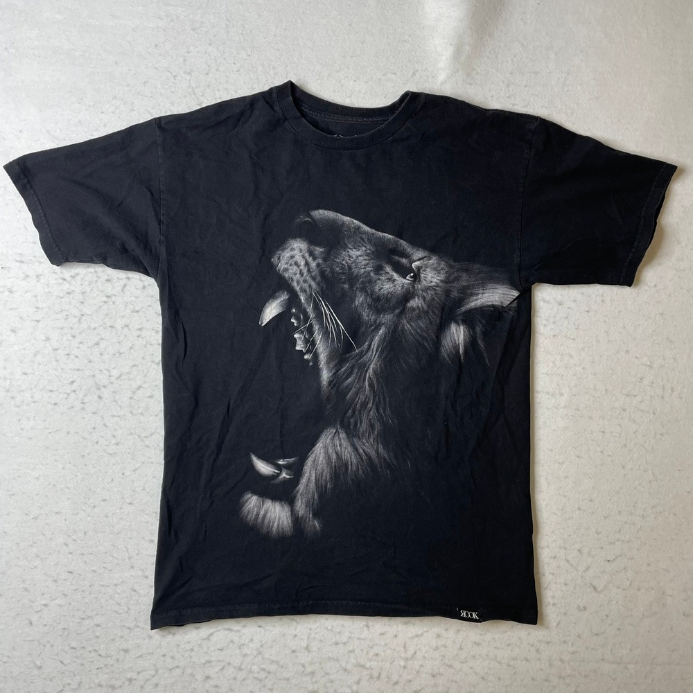 ROOK Mens Medium Black Graphic T-Shirt Lion Big‎ Cat Roaring Short Sleeve Cotton